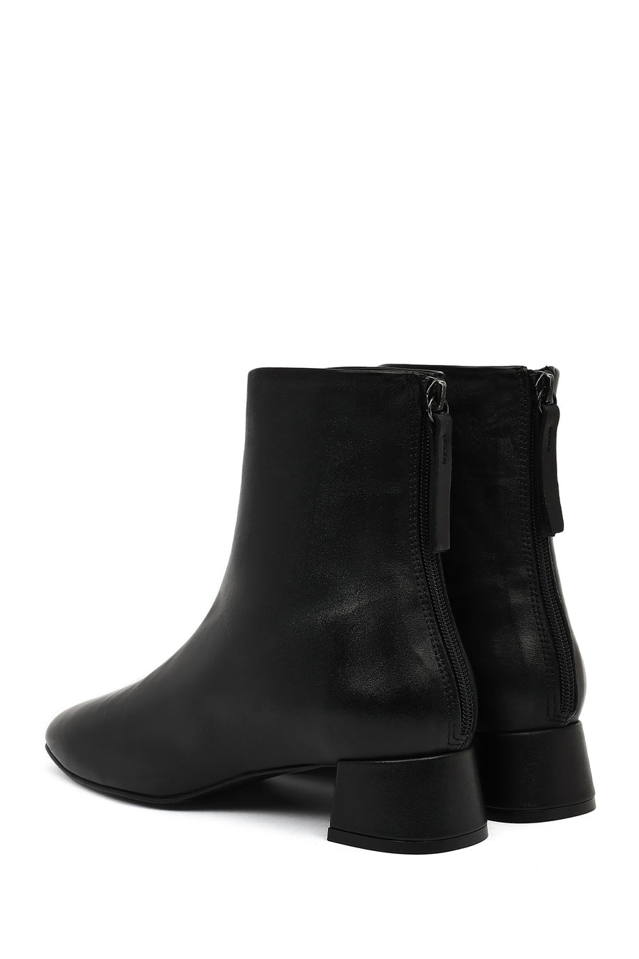 Women's Black Zippered Short Thick Heeled Leather Boots
