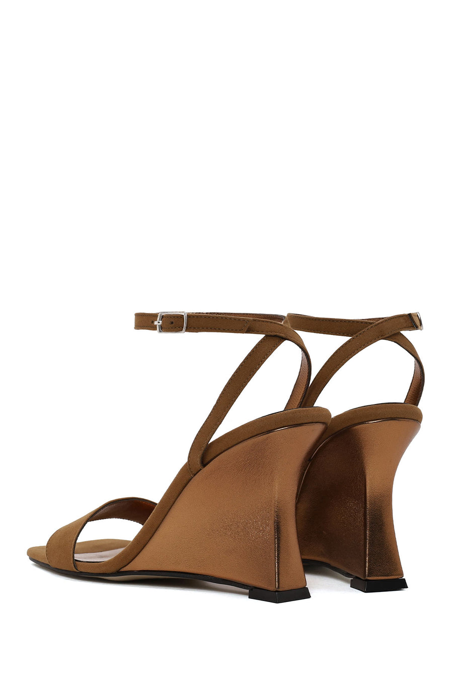 Woman Tan Ankle-Buckle Wedge-Heel Suede Sandal