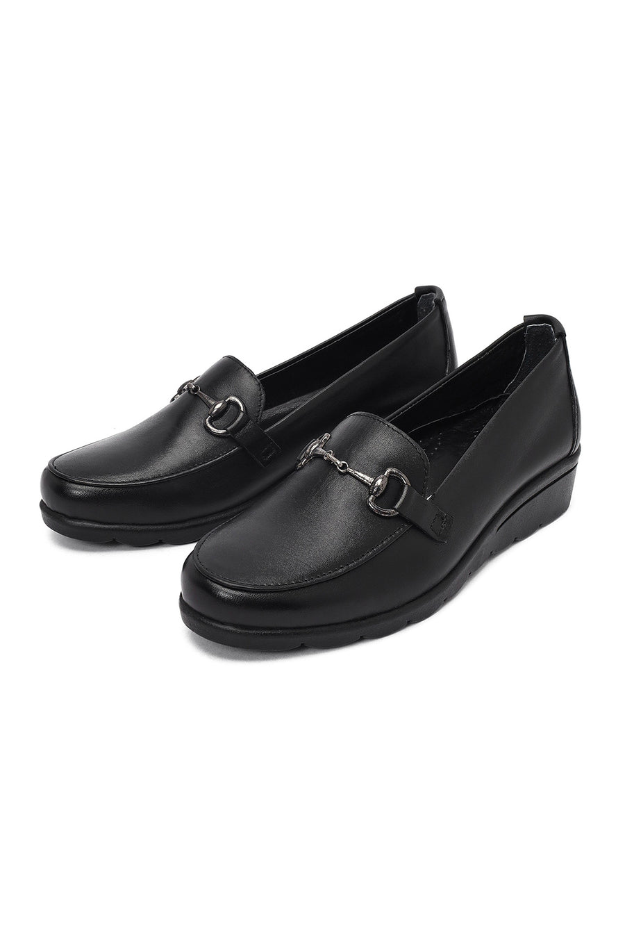 Woman Black Buckled Wedge Heel Leather Loafer