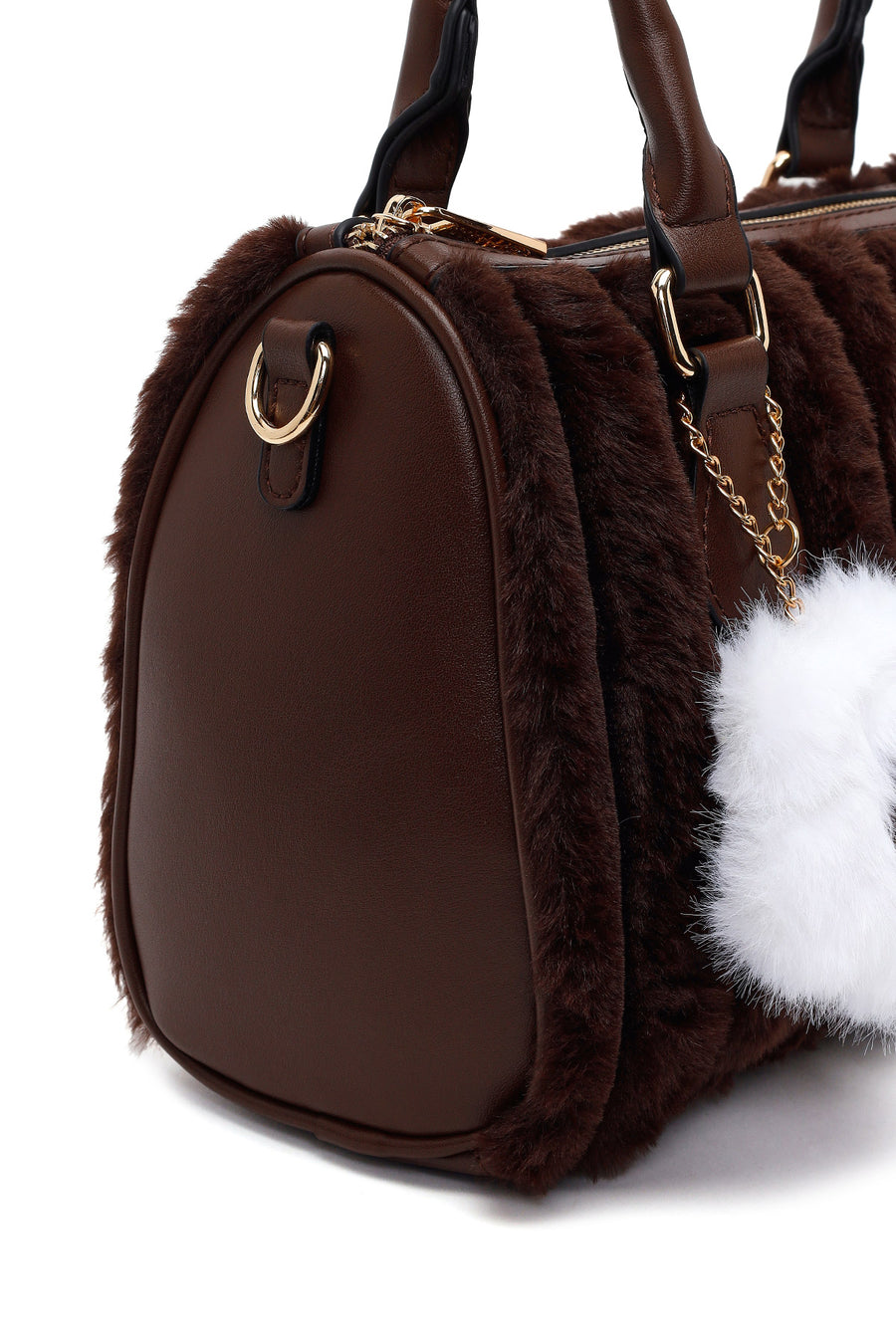 Woman Brown Long-Strap Accessorized Plush Shoulder Bag