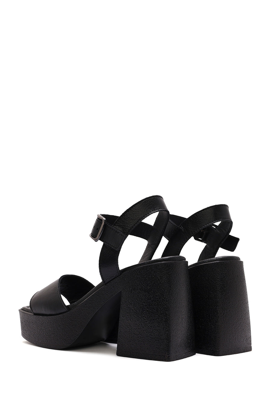 Women's Black Ankle Buckle Platform Chunky High Heel Leather Sandals