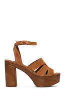 Women's Tan Ankle Buckle Thick High Heel Suede Leather Sandals | Derimod