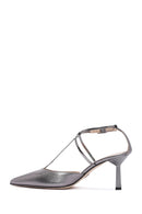 Women's Grey Ankle Strap Thin Heel Metallic Leather Shoes | Derimod