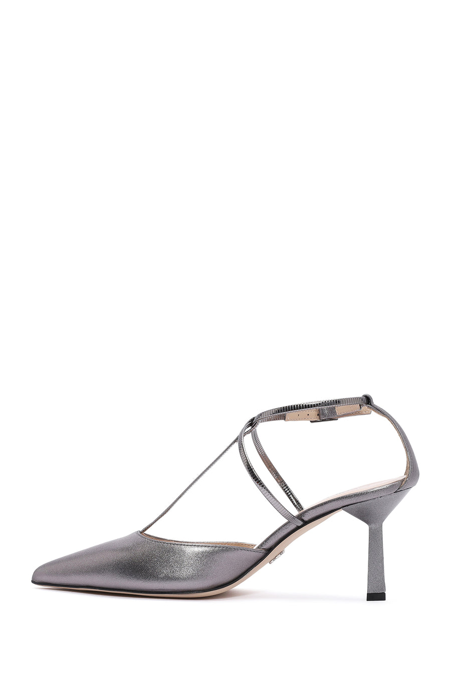 Women's Grey Ankle Strap Thin Heel Metallic Leather Shoes