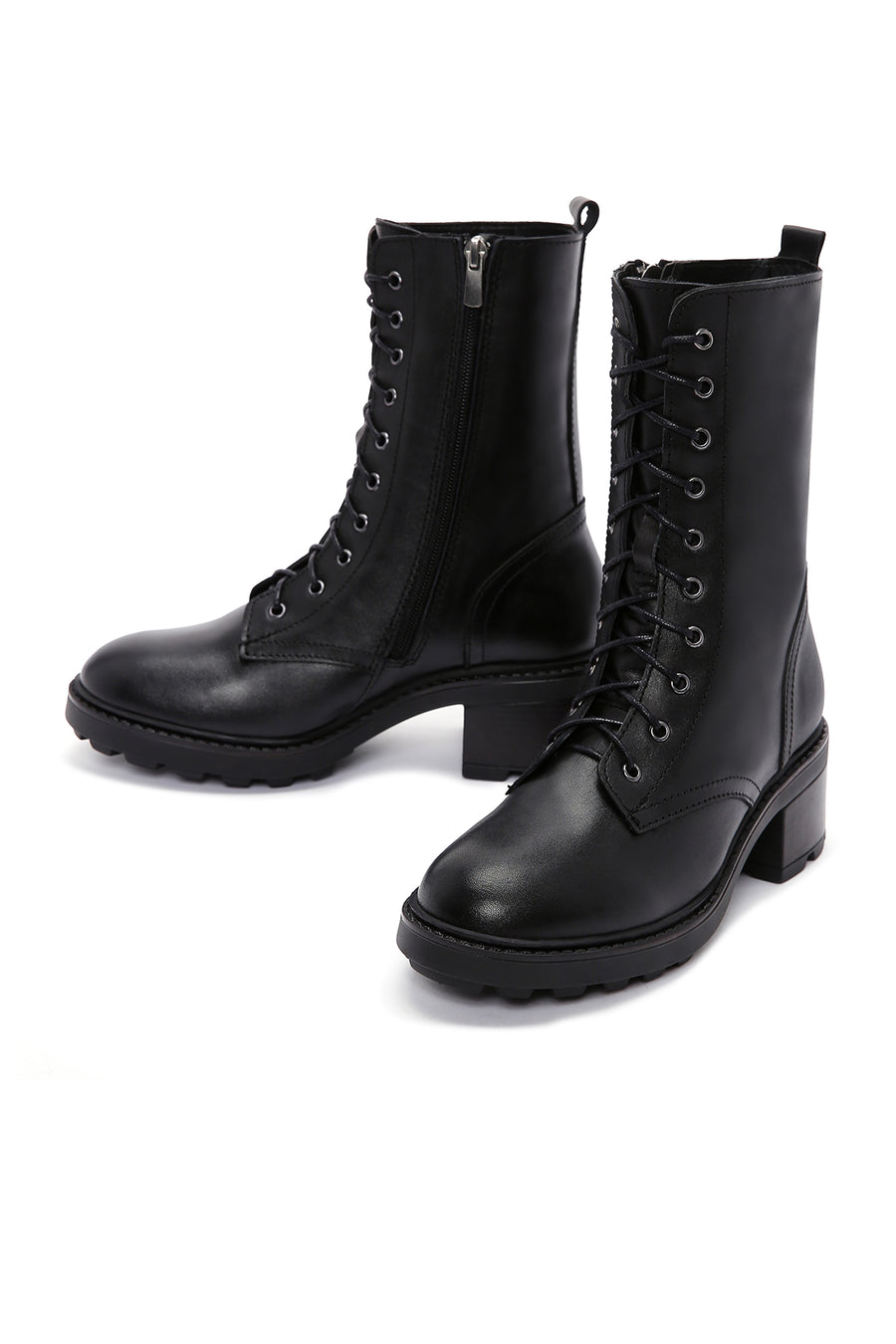 Women's Black Leather Zippered Heeled Boots