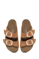 Women's Brown Buckle Suede Leather Slippers | Derimod