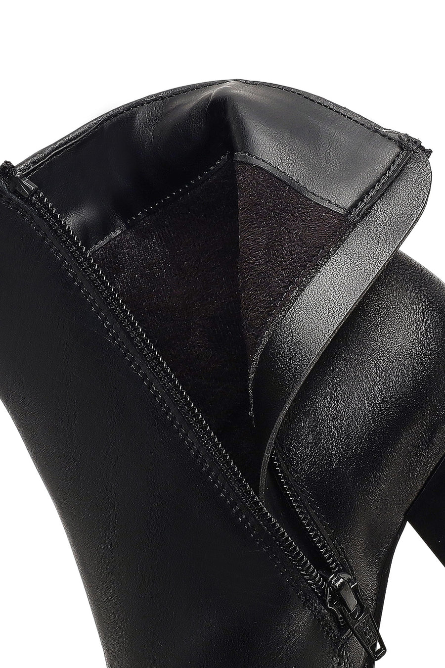Woman Black Zip Closure Thick-Heeled Leather Boots
