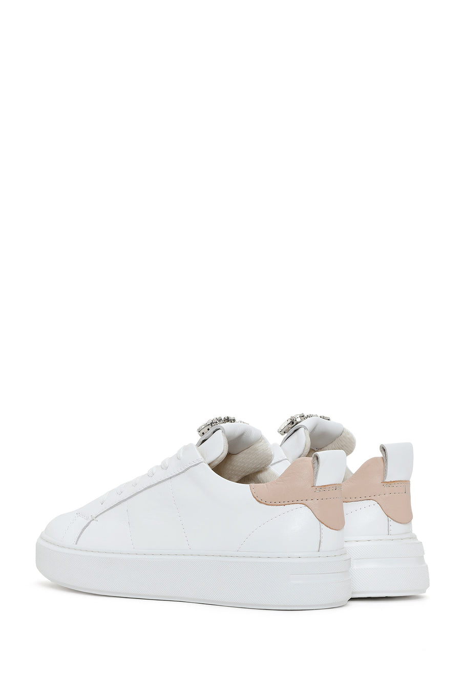 Women's White Laced Leather Sneaker with Accessory Detail