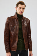 Wade Men's Brown Slim-Fit Leather Jacket | Derimod