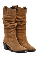 Woman Mink Chunky Heel Suede Leather Cowboy Boots | Derimod