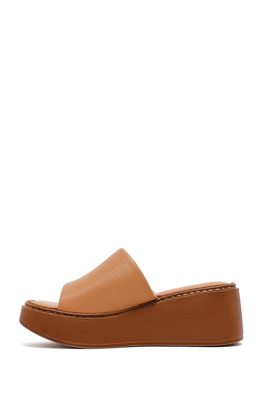 Woman Tan Thick Sole Leather Comfort Slippers