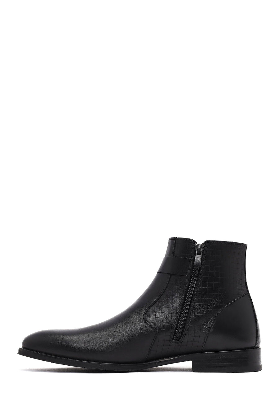 Men's Black Zippered Buckle Detail Leather Classic Boat