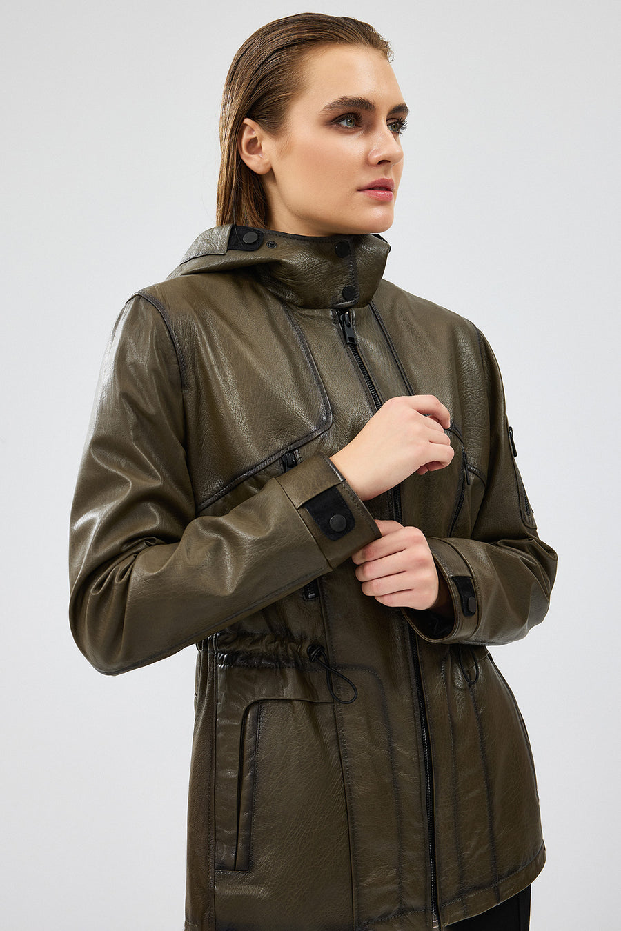 Jessica Women's Khaki Hooded Leather Jacket