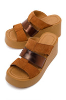Woman Tan Wedge-Heel Suede Leather Comfort Slippers | Derimod
