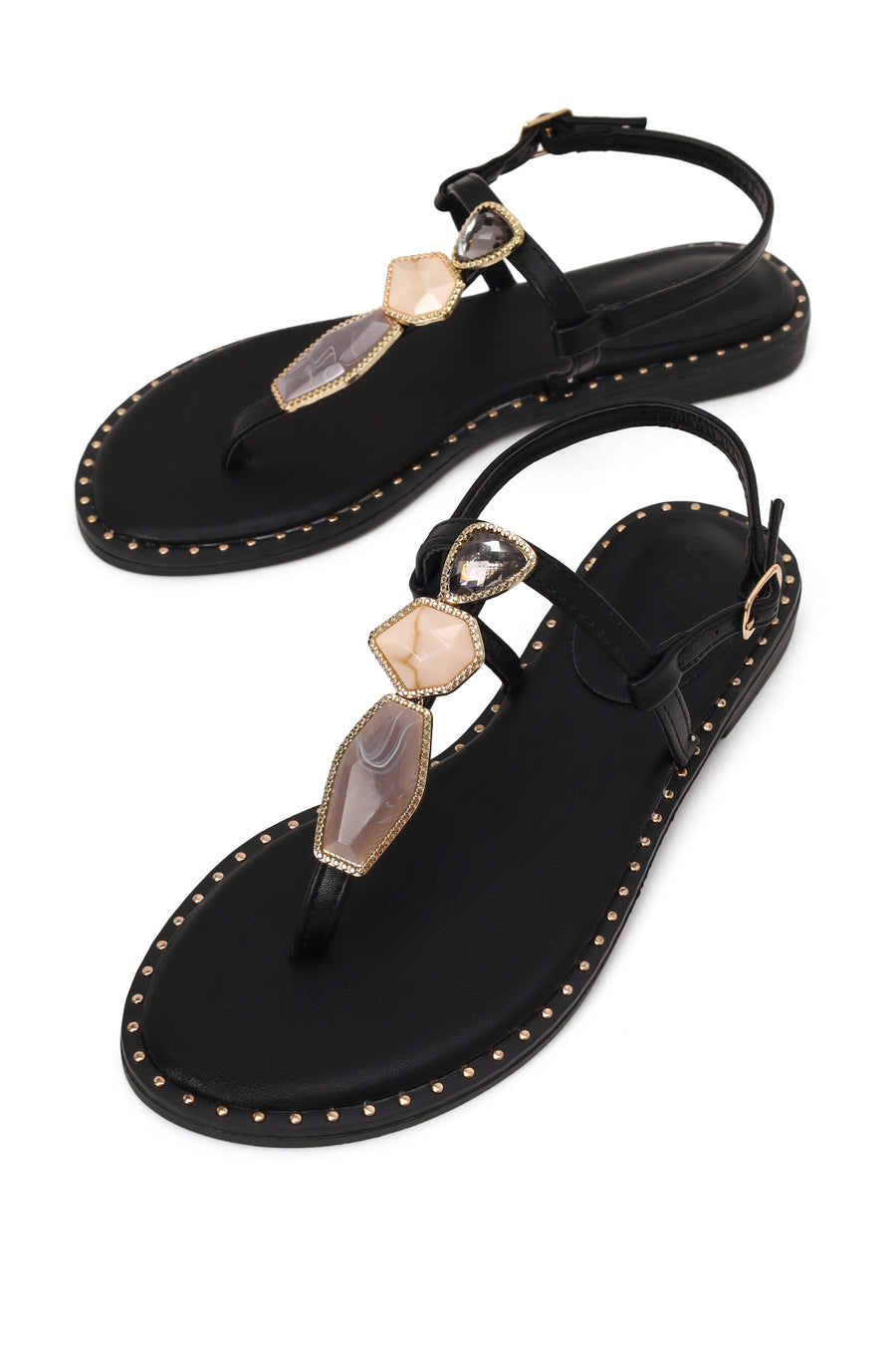 Woman Black Ankle-Buckle Embellished Toe-Post Sandal