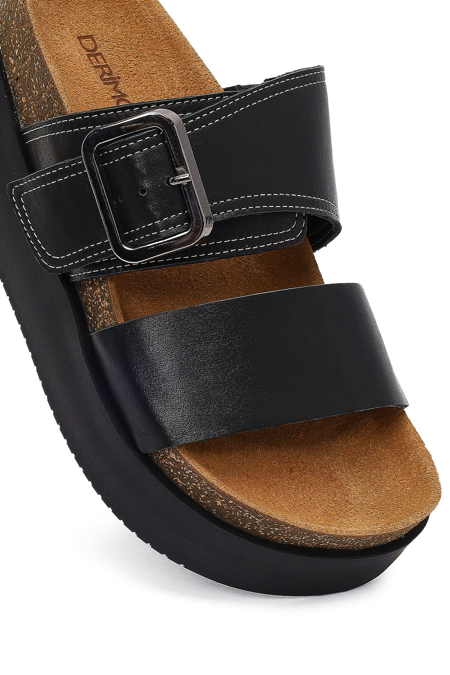 Women's Black Buckled Thick-Soled Leather Slippers