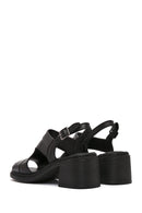 Women's Black Ankle Strap Thick Heeled Leather Sandals | Derimod