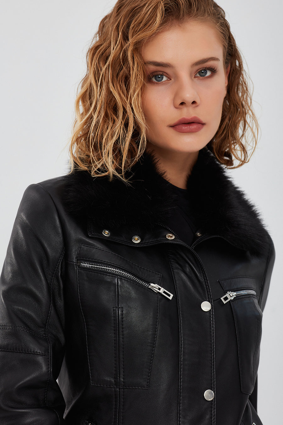 Vivien Women's Black Fur Collar Leather Jacket