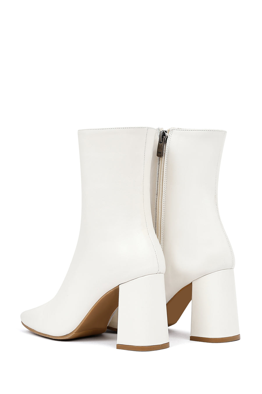 Women's Cream Zippered Thick Heeled Leather Boot