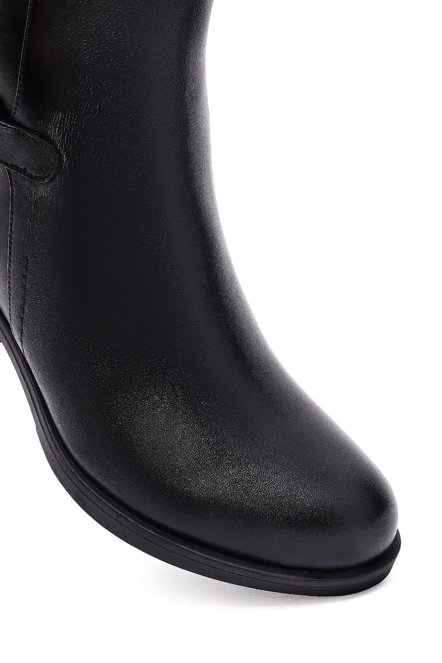 Woman Black Zip Closure Thick-Heeled Leather Boots