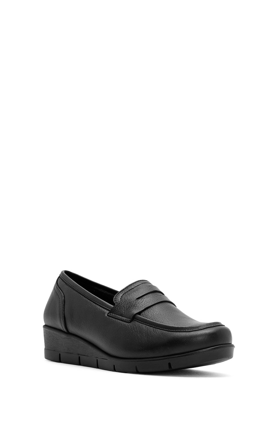 Women's Black Wedge Heel Leather Comfort Loafer