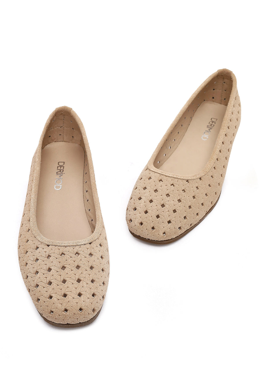 Women's Beige Patterned Suede Leather Ballet Flats