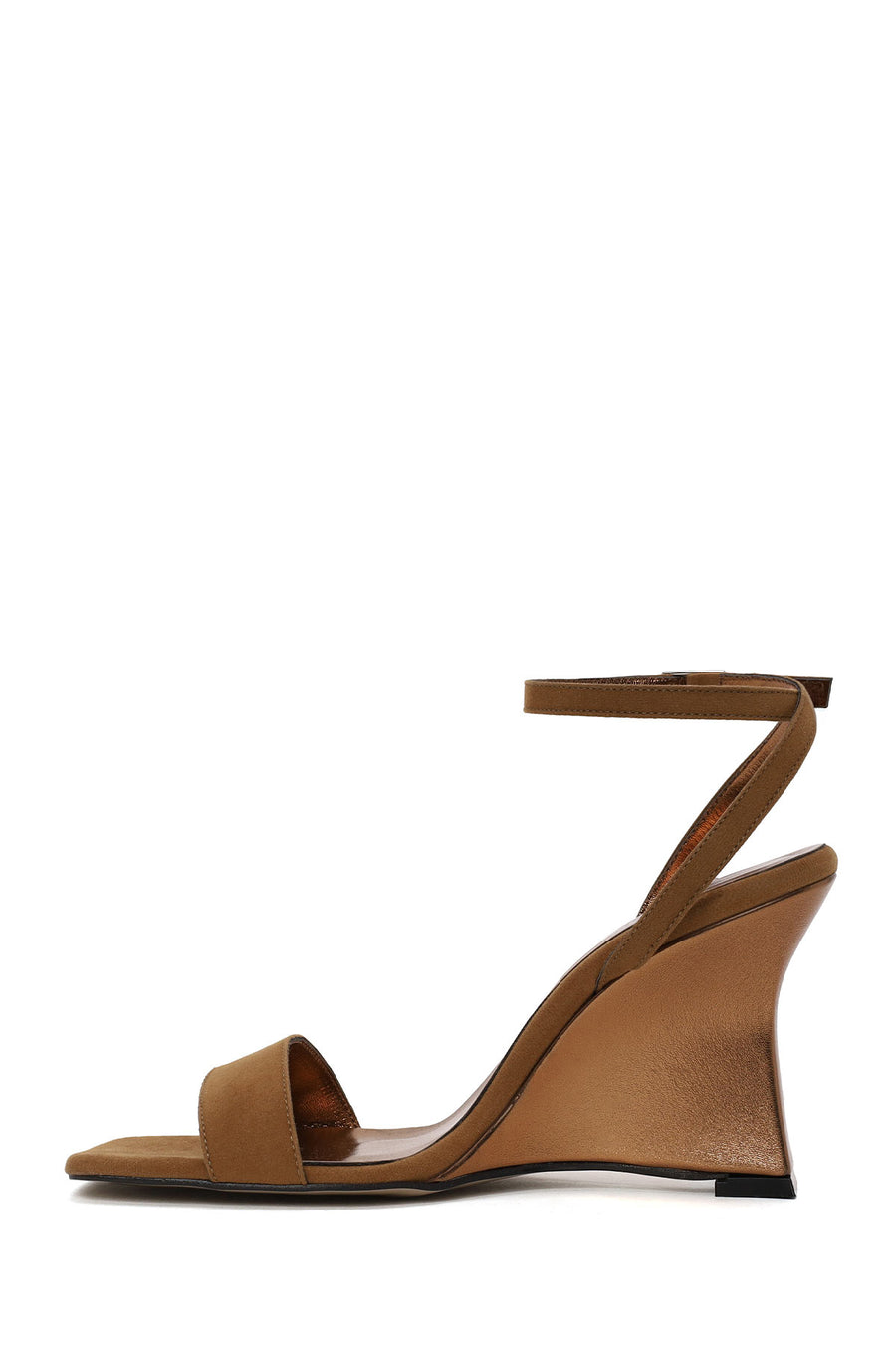 Woman Tan Ankle-Buckle Wedge-Heel Suede Sandal