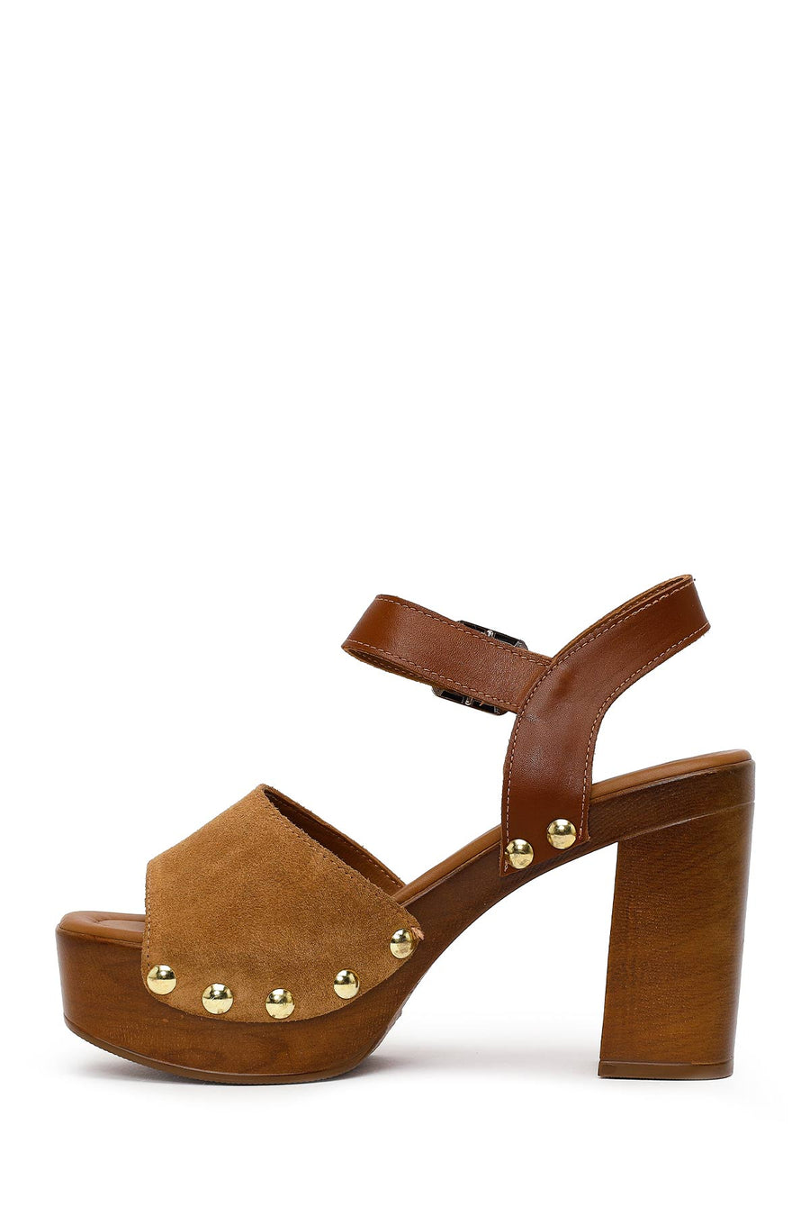 Woman Tan Ankle-Buckle Platform High Thick-Heeled Suede Sandal