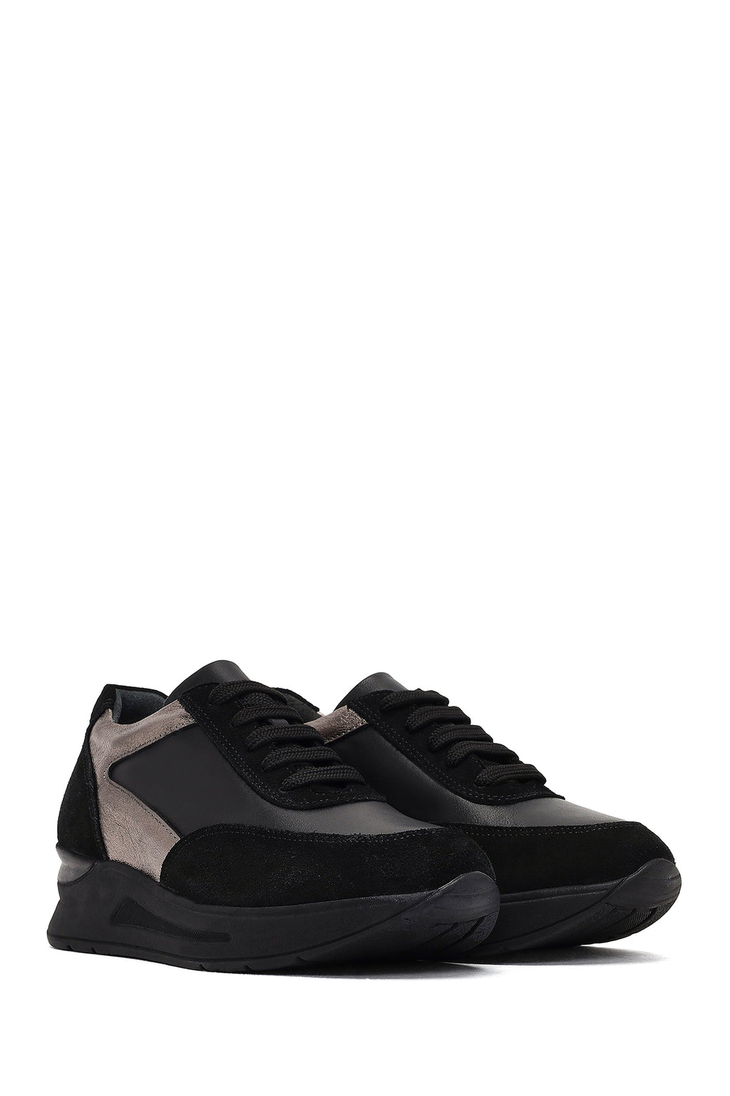 Kadın Siyah Bağcıklı Dolgu Topuklu Deri Sneaker