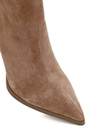 Woman Beige Zip Closure High Thin-Heeled Suede Boots | Derimod