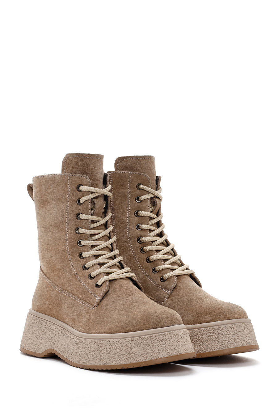 Women's Beige Thick Soled Boots Suede Leather Boots