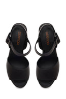 Woman Black Ankle-Buckle Wedge-Heel Leather Sandal | Derimod
