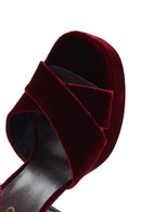 Women's Burgundy Ankle Buckle Platform High Thick Heel Velvet Sandals | Derimod