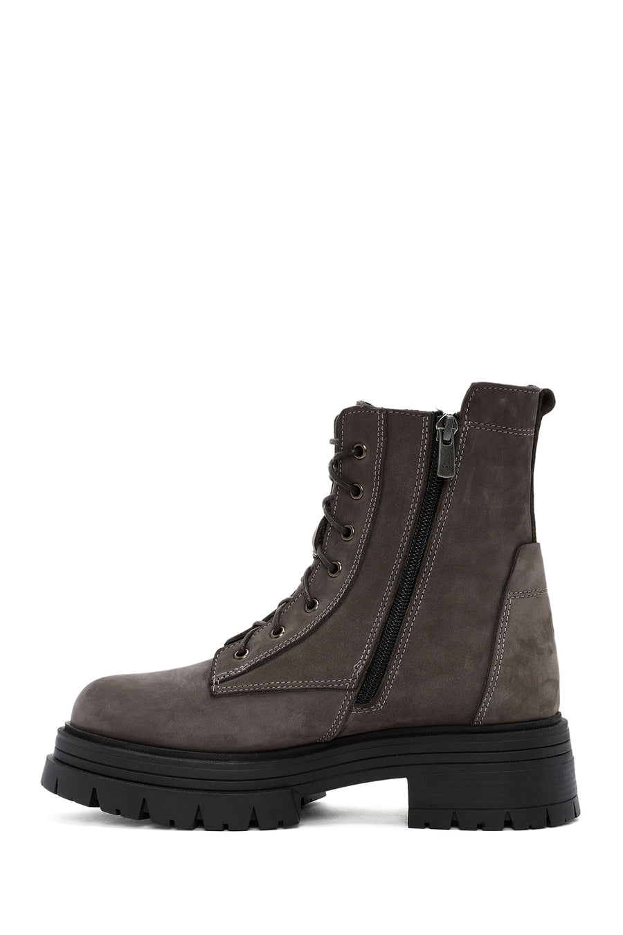 Women's Mink Lace-Up Double Zipper Detailed Thick-Soled Nubuck Leather Combat Boots