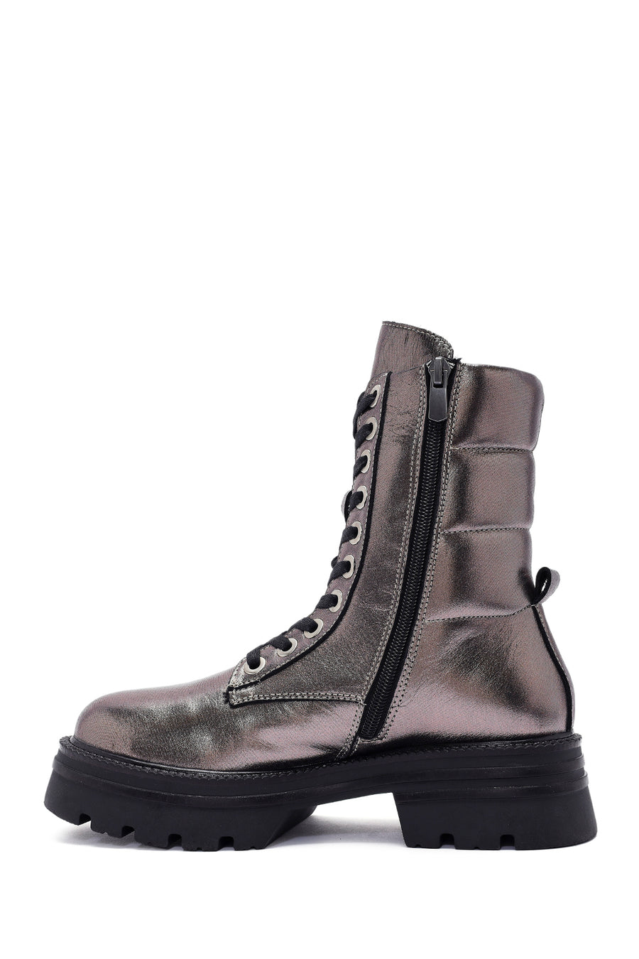 Women's Bronze Zipper Metallic Leather Combat Boots