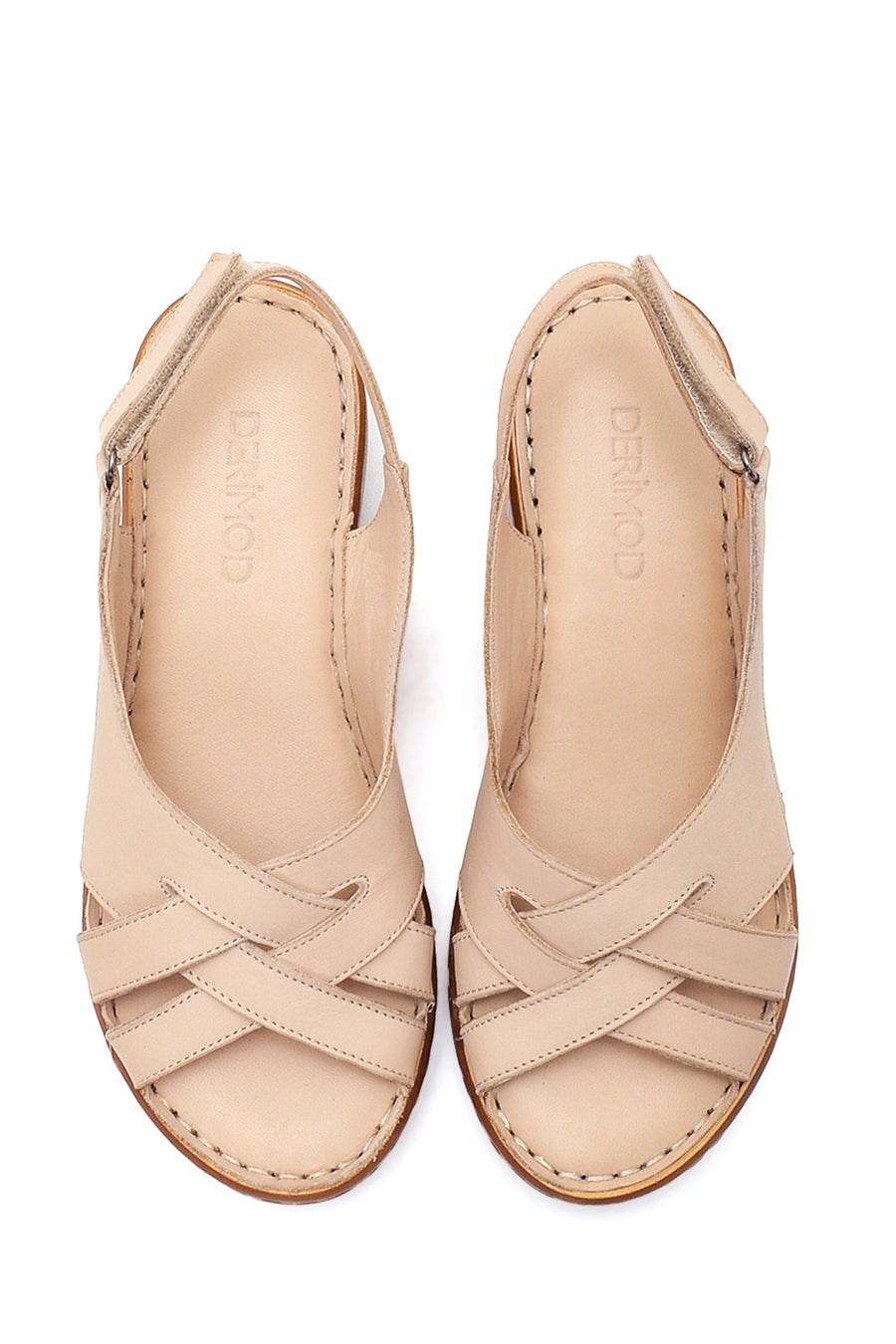 Women's Beige Leather Wedge Heel Comfort Sandals