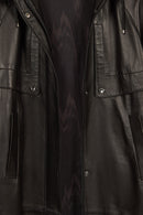 Adele Woman Black A-Line Hooded Fur Collar Leather Overcoat | Derimod