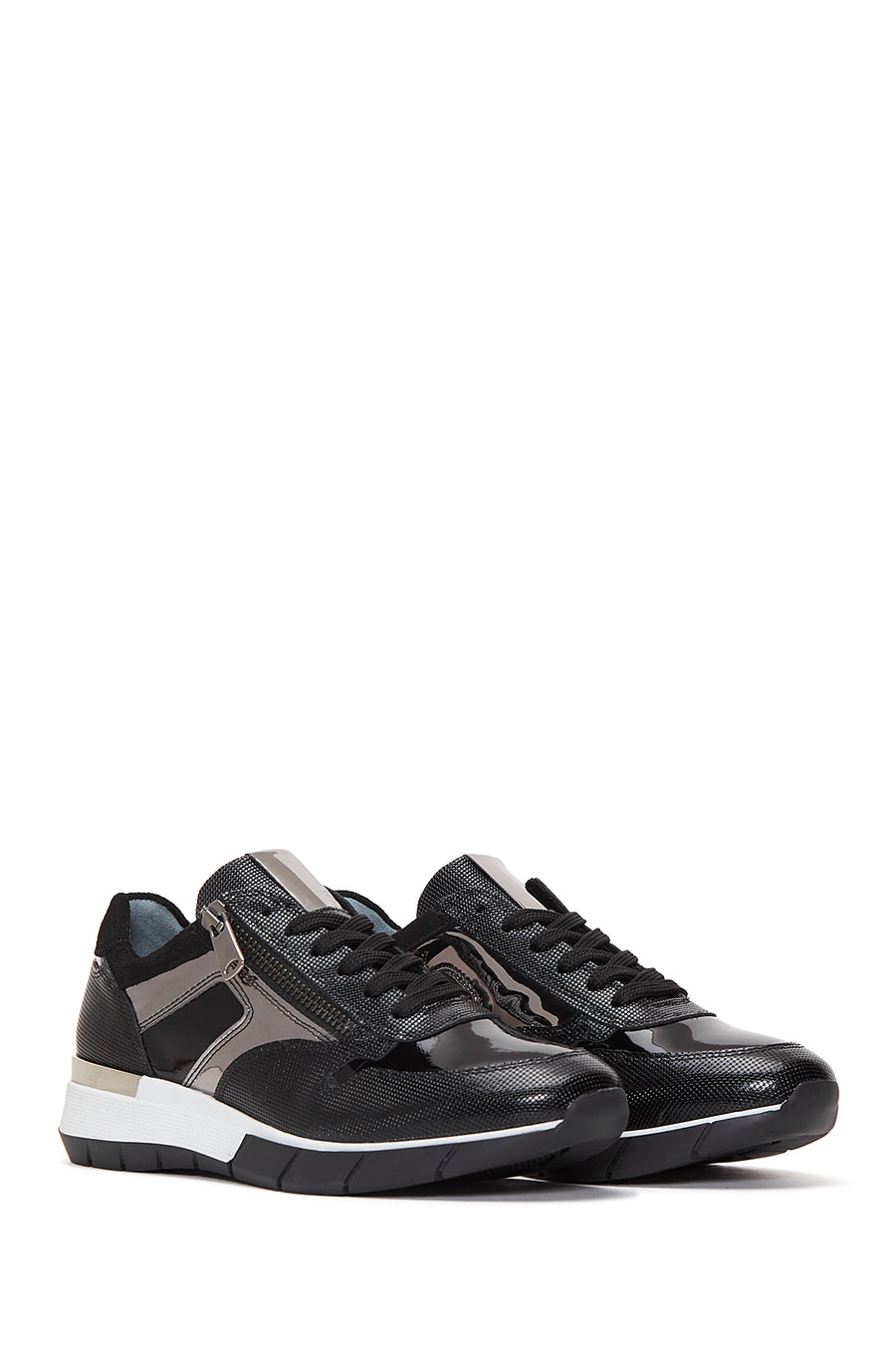 Women's Black Lace-Up Zipper Detail Leather Sneakers