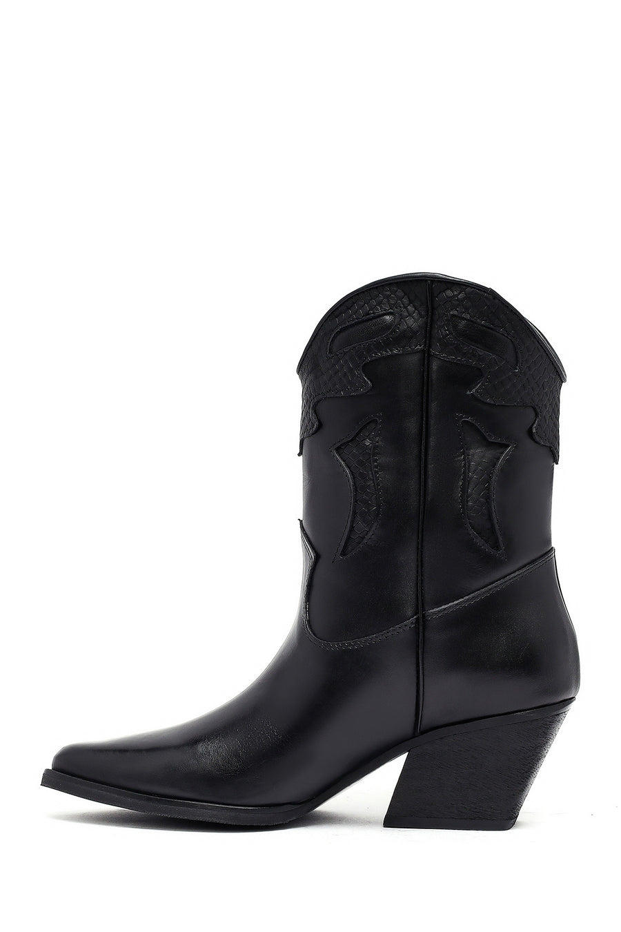 Woman Black Short Chunky Heel Leather Cowboy Boots
