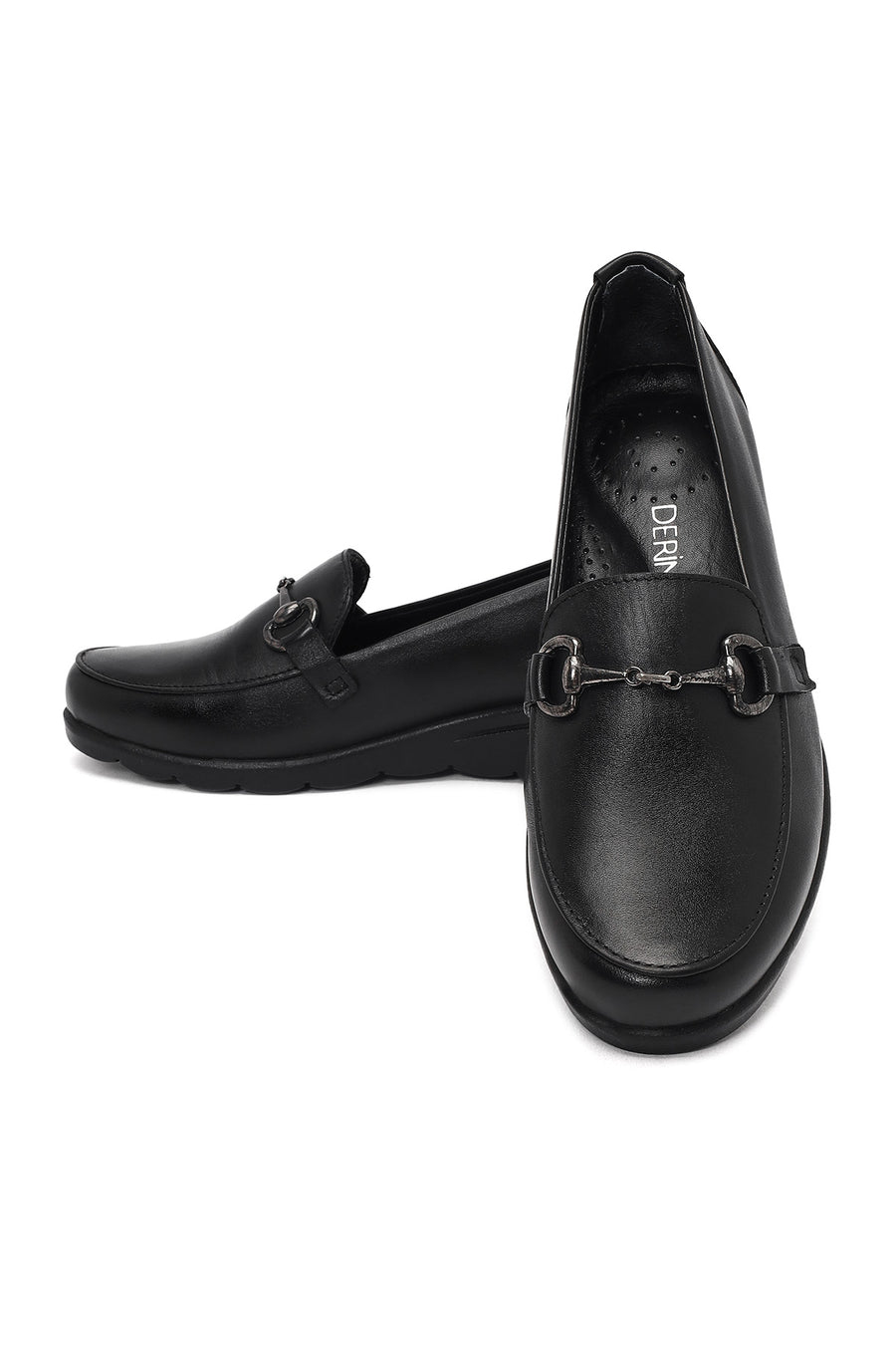 Woman Black Buckled Wedge Heel Leather Loafer