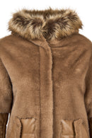 Virginia Women's Brown Hooded Long Teddy Coat | Derimod
