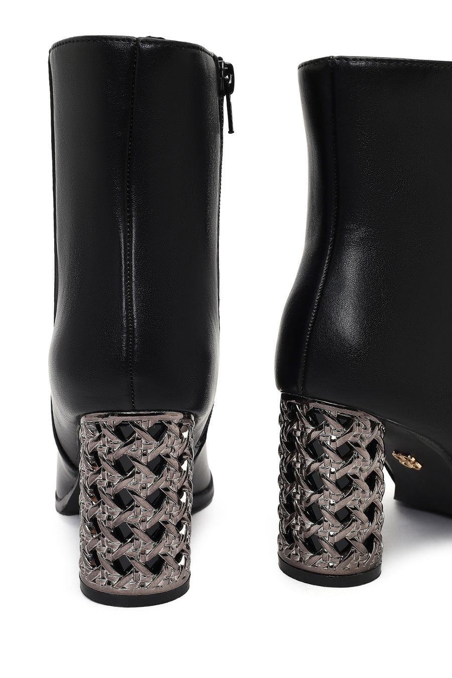 Women's Black Zippered Patterned Thick Heeled Boots