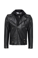 Butler Men's Black Hooded Biker Leather Jacket | Derimod
