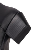 Woman Black Zip Closure Short Thick-Heeled Leather Cowboy Boots | Derimod