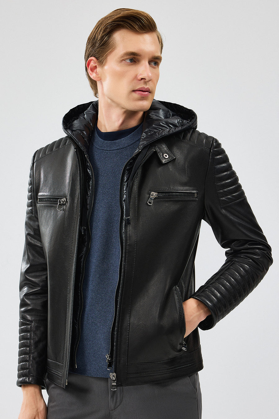 Lyon Men's Black Hooded Leather Jacket 24WGF6530VE | Derimod