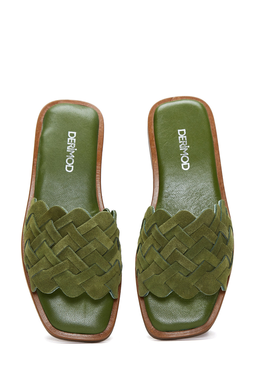 Women's Green Leather Braided Slippers