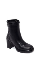 Woman Black Zip Closure Thick-Heeled Leather Boots | Derimod