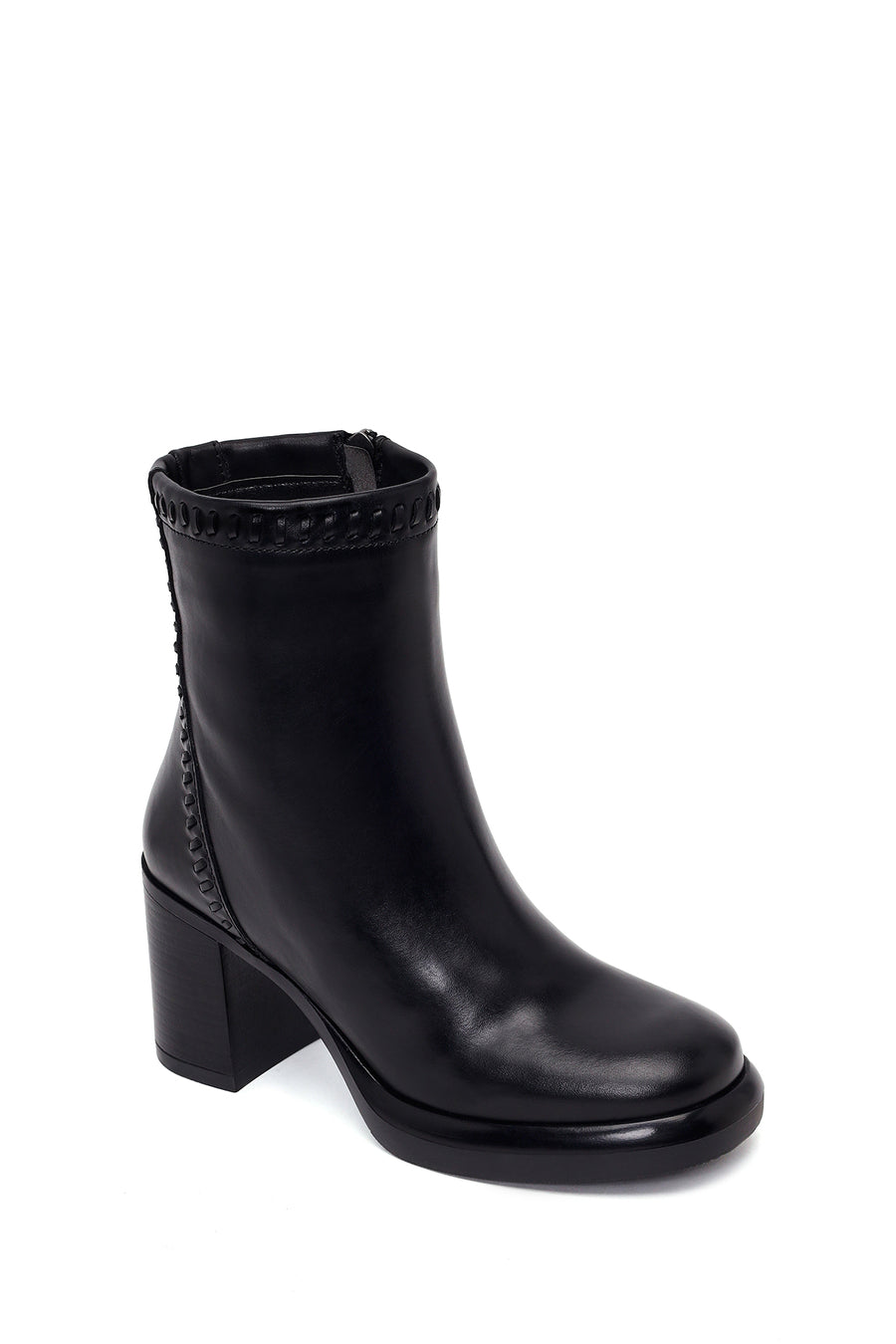 Woman Black Zip Closure Thick-Heeled Leather Boots