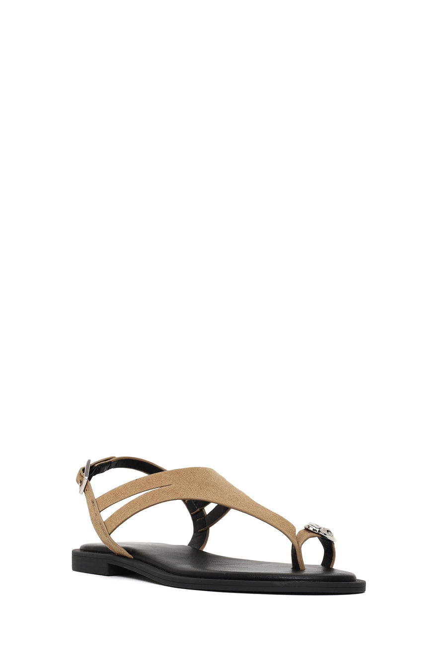 Woman Beige Buckled Toe-Post Suede Sandal