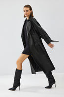 Nicole Women's Black Double Breasted Long Leather Trench Coat | Derimod
